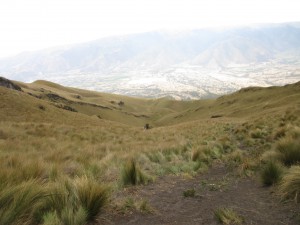 la Esperanza im Hintergrund im Tal und die grünen Wiesen um den Wanderweg